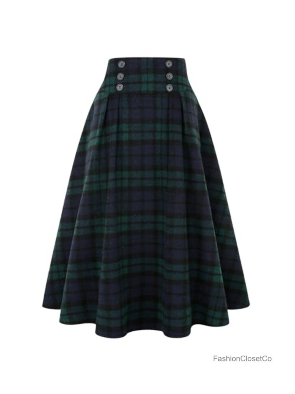 High Waisted Plaid Midi Skirt with Pockets Wool Blend A-Line Pleated